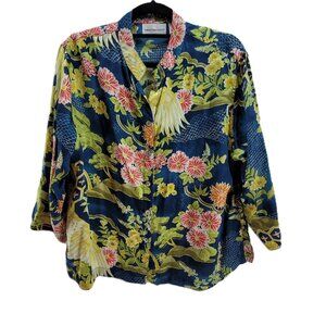 Goode Impressions Top Women's L Petite Blue Asian Garden Silk Button